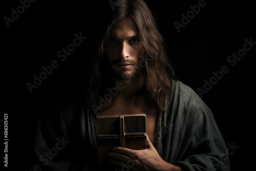 A man with a cross reads the Bible. Jesus Christ God with the Bible religion, Christianity, baptism, resurrection, the path of the righteous