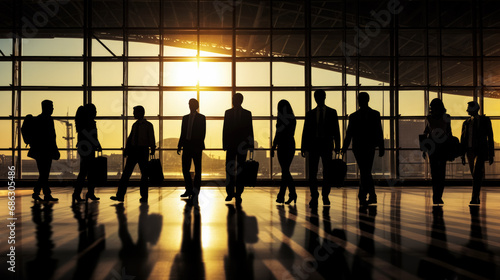 People walking at sun lit station or terminal hall, only silhouettes visible - busy lifestyle concept. Generative AI