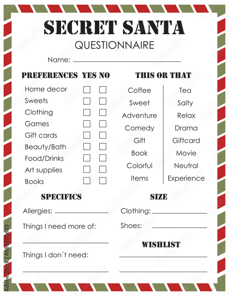 Secret Santa Questionnaire. Gift Exchange. Office Secret Santa. Workplace Gift Questionnaire. Christmas Wish list template. - obrazy, fototapety, plakaty 