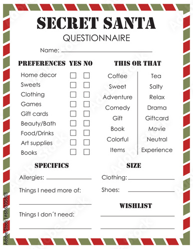 Secret Santa Questionnaire. Gift Exchange. Office Secret Santa. Workplace Gift Questionnaire. Christmas Wish list template.