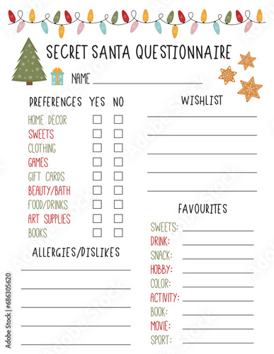 Secret Santa Questionnaire. Gift Exchange. Office Secret Santa. Workplace Gift Questionnaire. Christmas Wish list template.