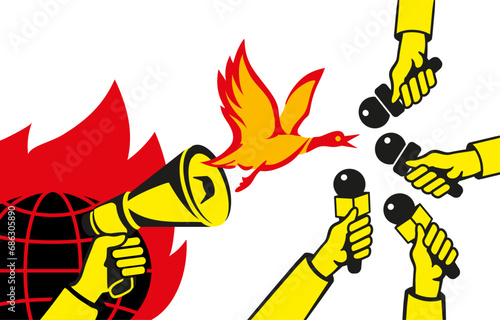 A vector icon with a duck flying out of it - a symbol of fake news. In the background is a flaming globe