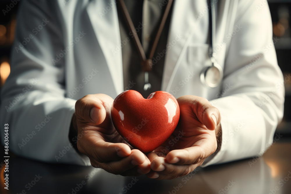 Symbolic heart on the palms of a cardiologist doctor Symbolic heart on the palms of a cardiologist doctor
