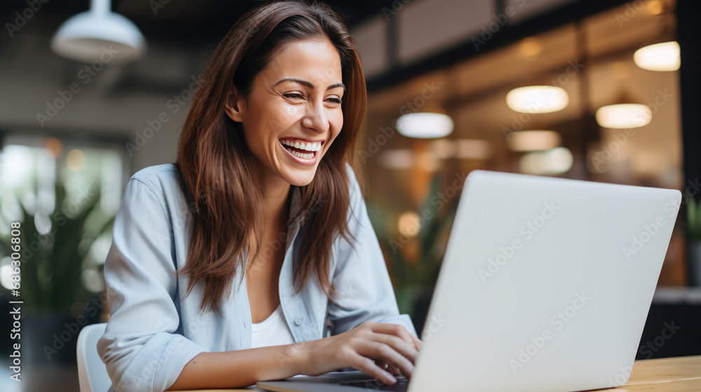 Woman working on a laptop and laughing in the office Woman working on a laptop and laughing in the office