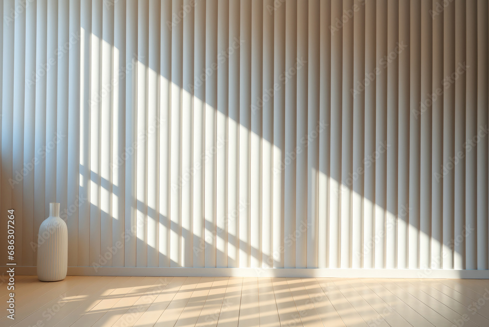 Naklejka premium Light textured wall with vertical stripes and shadows from sunlight. Space for demonstration product