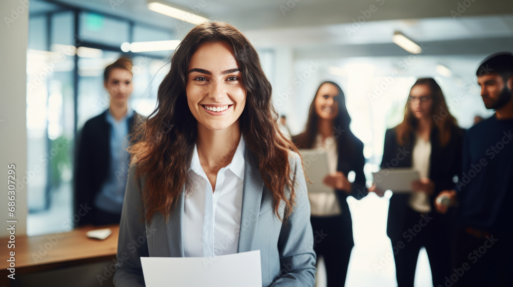 Smiling young businesswoman is holding papers in an office environment with colleagues in the background. Smiling young businesswoman is holding papers in an office environment with colleagues in the background.