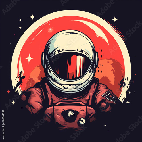 logo with the helmet of an astronaut sitting on the moon with mars on the background with red palette photo