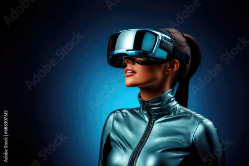Young stylish woman wearing a modified commercial virtual reality headset on a blue background © Sunshine