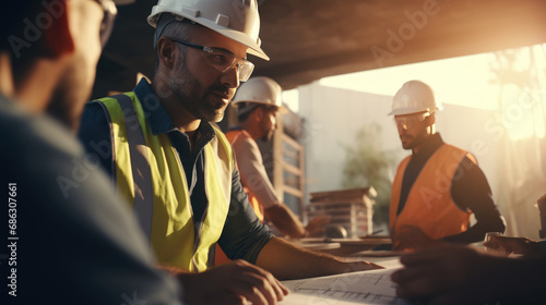 Group of construction workers, wearing hardhats and safety vests, are engaged in a meeting with blueprints at a construction site.