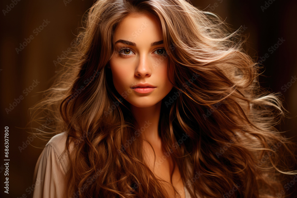 Fototapeta premium Portrait of a young woman with long shiny blond luxurious hair on a dark background in the studio