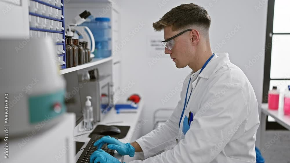 Attractive young caucasian male scientist totally engrossed in typing on computer amidst test tubes and microscopes, indoor laboratory work Attractive young caucasian male scientist totally engrossed in typing on computer amidst test tubes and microscopes, indoor laboratory work
