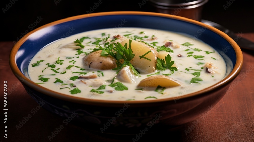 A side view of a hearty bowl of clam chowder with a sprinkle of parsley.