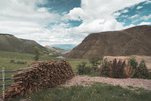 a pile of seasoned firewood serves as both heat and cooking fuel at the rural mountain homestead where village residents live a single, but hard working agrarian mountain lifestyle living off the land