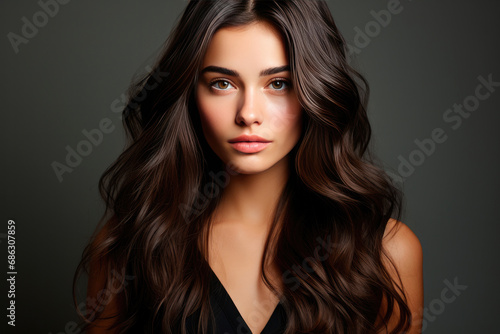 Portrait of a young woman with long shiny luxurious dark brown hair photo