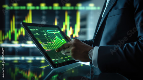 Businessman or trader holding tablet with graphs and charts against black background
