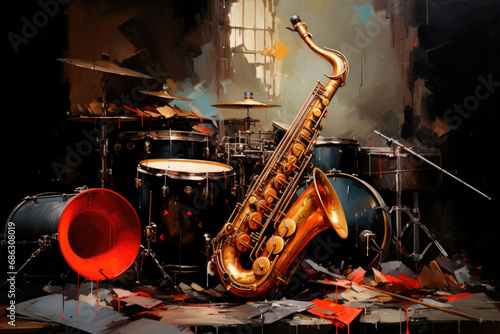 Musical instruments of jazz. Saxophone  drums