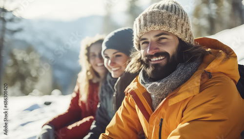 Cartoon cultural friends have fun chatting with each other against the backdrop of a winter forest