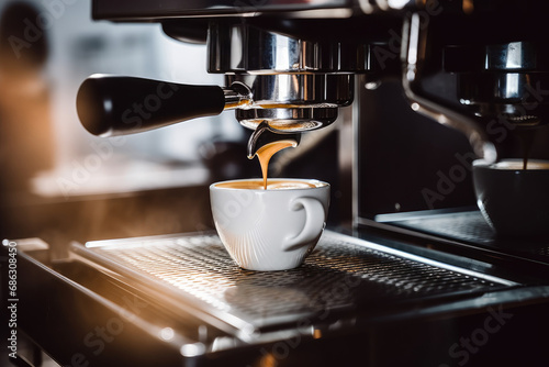 Espresso poruing from coffee machine at cafe.