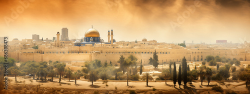 The holy land of Jerusalem with flag of Israel over the old city in haze. Cityscape of Jerusalem walls on the way of pilgrims and sacred place of three world religions - Christians, Muslims and Jews.