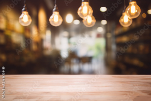 Wood table top on blurred of counter cafe shop with light bulb background, For montage product display or design key visual.