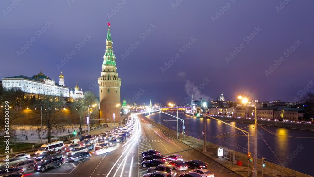 Iconic aerial view from Bolshoy Kamenniy Bridge in Moscow, Russia: A Timelapse Overlooking the Kremlin and Moscow River Waterfront traffic. Majestic Kremlin and the scenic Moscow River embankment Iconic aerial view from Bolshoy Kamenniy Bridge in Moscow, Russia: A Timelapse Overlooking the Kremlin and Moscow River Waterfront traffic. Majestic Kremlin and the scenic Moscow River embankment