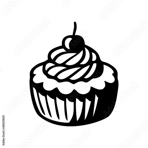 Cupcake dessert black icon  sweet food. Simple delicious symbol. Sweet birthday cake  Bakery cake isolated on white. Vector illustration