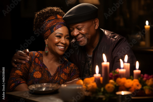 Intimate Candlelit Dinner with Smiling African American Couple