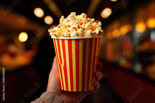Paper cup with popcorn in the hand in a movie cinema close-up