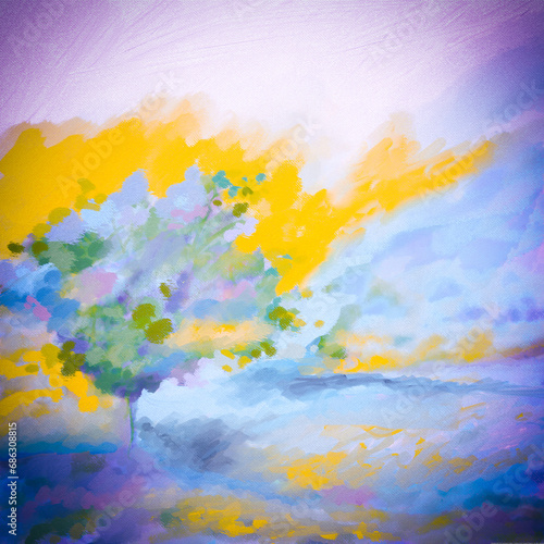 Impressionistic Tree On A Lakeside at Sunrise or Sunset with Bright Highlights & Blue, Orange, Pink & Lavender - Art, Digital Painting, Design, Illustration, Artwork