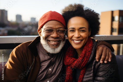 Urban Bliss: Smiling Senior African American Couple Enjoying a Sunny Rooftop