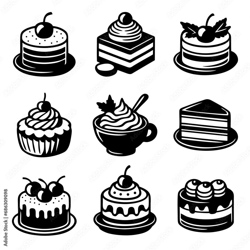 Cake dessert black icons set. Sign kit of sweet food. Simple delicious black symbol. Sweet birthday cakes, Bakery cupcake isolated on white. Vector illustration Cake dessert black icons set. Sign kit of sweet food. Simple delicious black symbol. Sweet birthday cakes, Bakery cupcake isolated on white. Vector illustration
