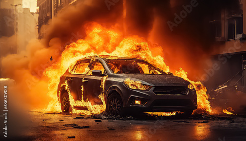 Burning car on the streets of the city