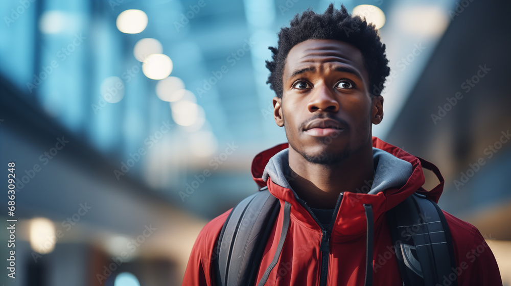 Portrait of a lonely young man - an African refugee, with an expression of diligence on his face, studying a new language in a modern training center Portrait of a lonely young man - an African refugee, with an expression of diligence on his face, studying a new language in a modern training center