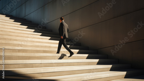 A man in a business suit walking up the stairs outside photo