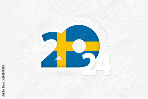 New Year 2024 for Sweden on snowflake background.