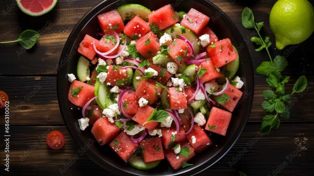 A top-down view of a colorful and refreshing watermelon feta salad.