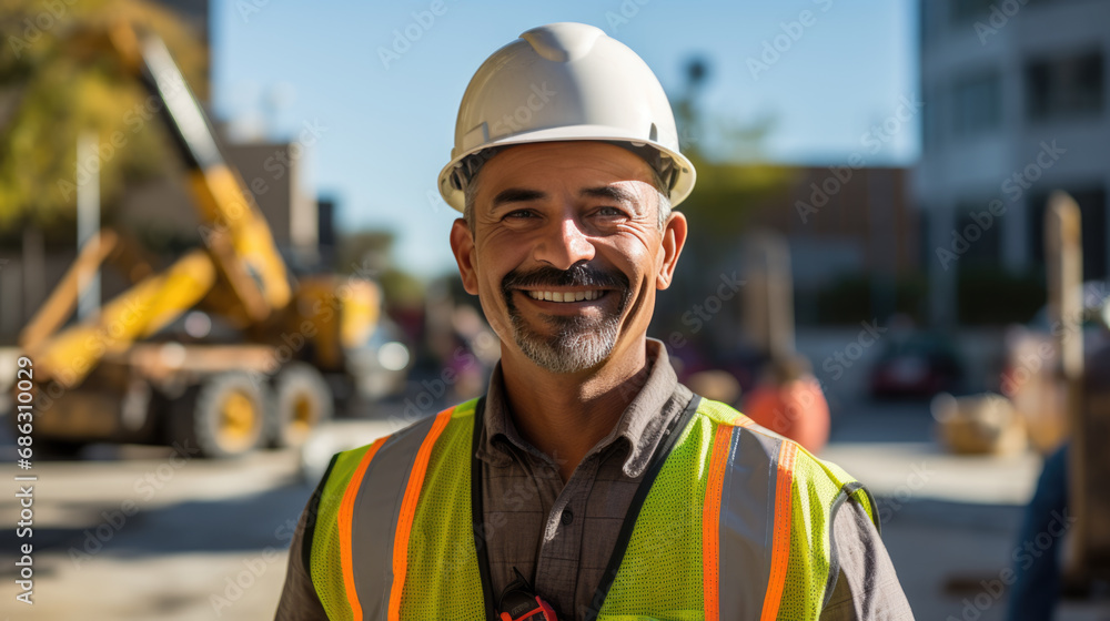 Smiling construction worker, wearing a hard hat,and a reflective vest, stands confidently at a construction site. Smiling construction worker, wearing a hard hat,and a reflective vest, stands confidently at a construction site.