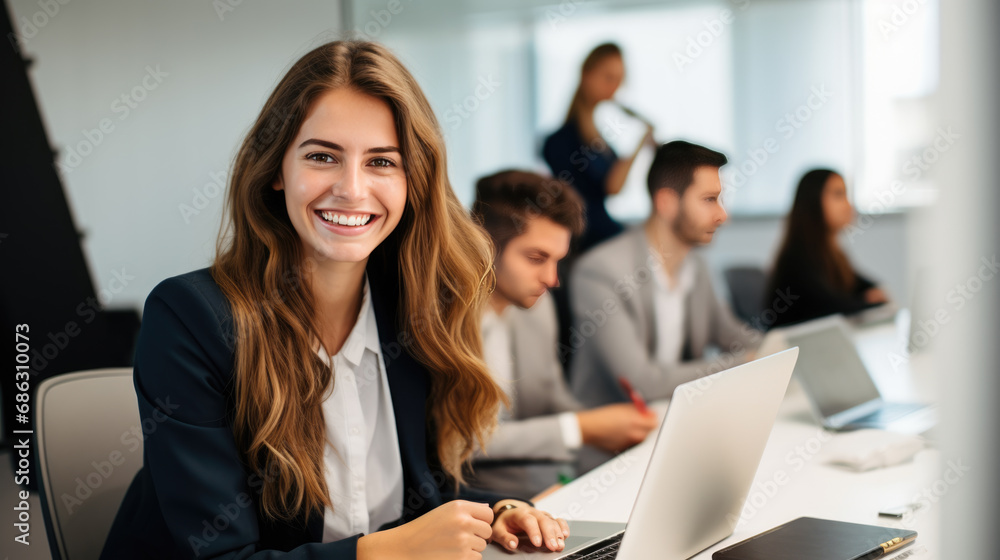 Happy woman working on a laptop in the office