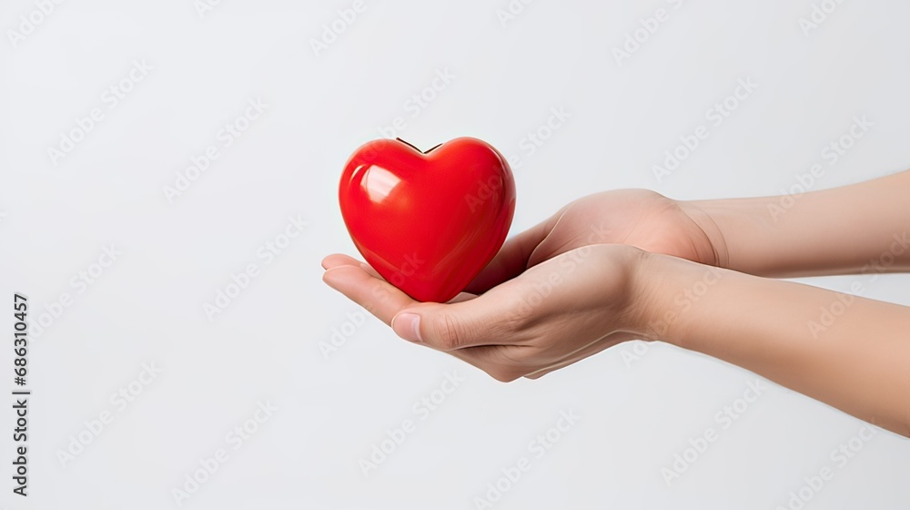 A man gives a woman a red heart on a white background
A man gives a woman a red heart on a white background