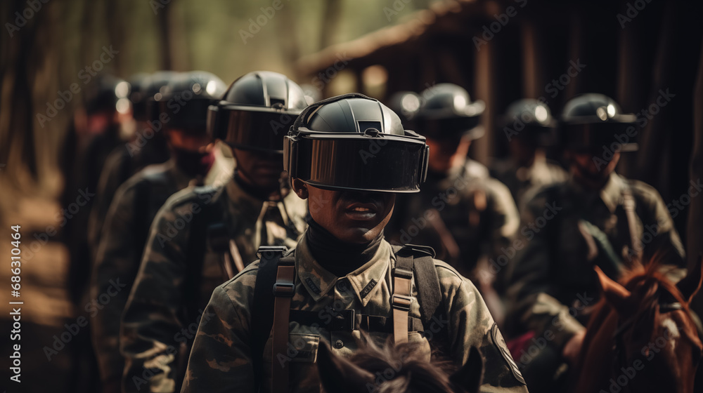 Fototapeta premium Soldiers in line wearing VR headsets.