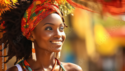 Dark-skinned woman in ethnic image feels great ,concept carnival