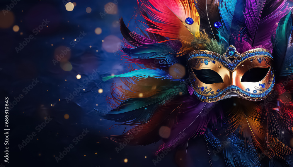 Mask with feathers on purple background ,concept carnival