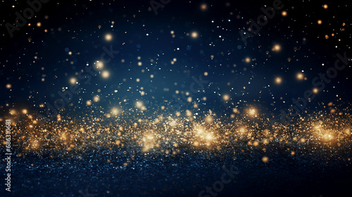 Golden dust shimmer with bokeh lights over anavy blue background. Elegant and magical shiny backdrop