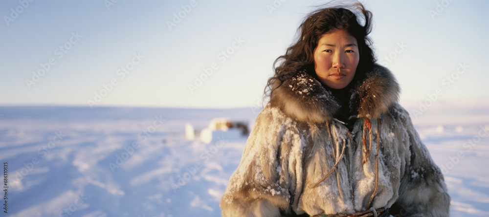Inuit woman in traditional fur attire in Alaskan wilderness - obrazy, fototapety, plakaty 
