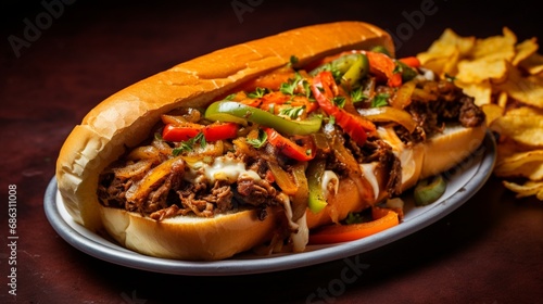 A top-down view of a loaded Philly cheesesteak sandwich with saut?(C)ed onions and peppers.