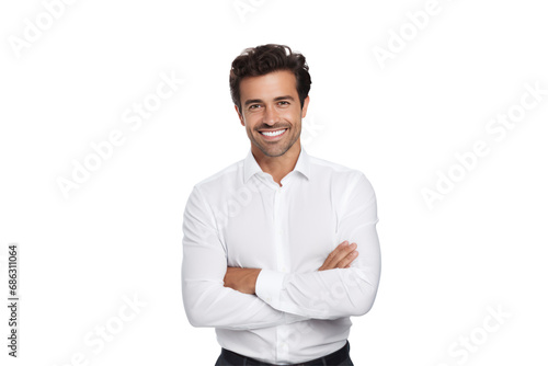 Cheerful brunette businessman wearing a white button-up shirt Smile confidently and cheerfully with your arms crossed. On a transparent background. Isolated. photo