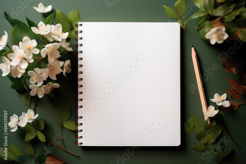 Blank notebook made of white paper with white flowers. Spring flat lay with apple blossoms on a green background with copy space #686311067