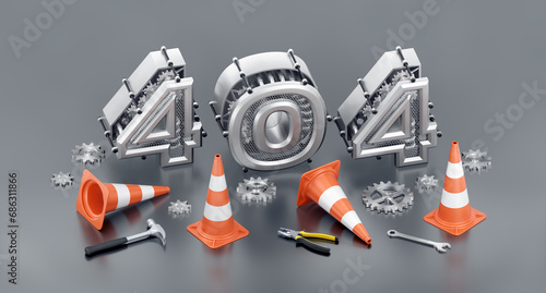 The Error 404 - Page Not Found. A row of 3D digits are composed into the number 404 in surrounding of engineering tools and mechanical gears. 3D rendering graphics in isometric projection. photo