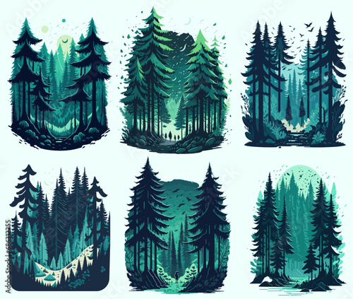 A pine forest landscape magic t shirt design vibrant pale green colors