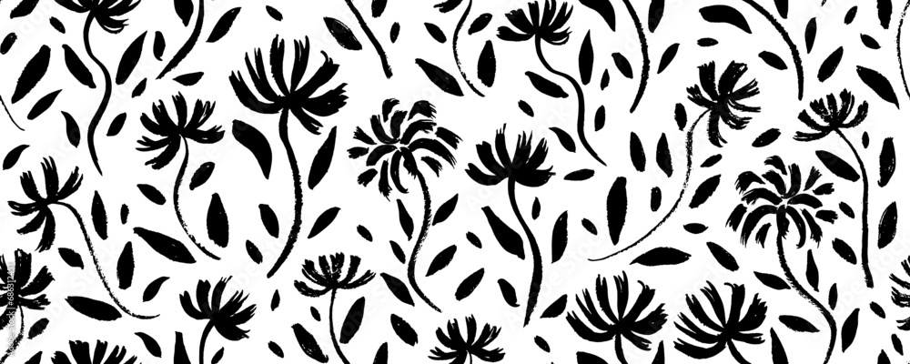 Wild flowers silhouettes vector seamless pattern. Camomile or daisy painted by brush. Abstract plant motif. Black brush painted floral ornament. Wild flowers silhouettes vector seamless pattern. Camomile or daisy painted by brush. Abstract plant motif. Black brush painted floral ornament.